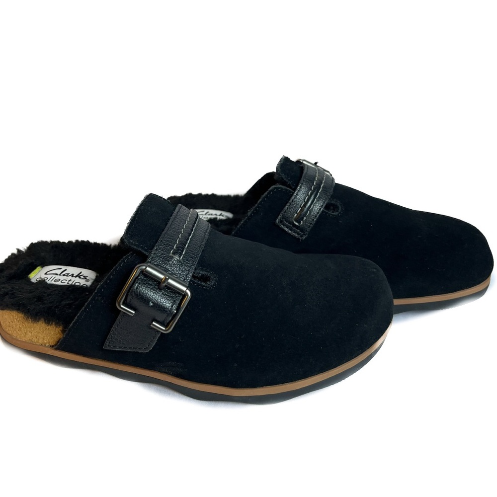 Clarks Faux Fur Buckle Mules Black Size 8